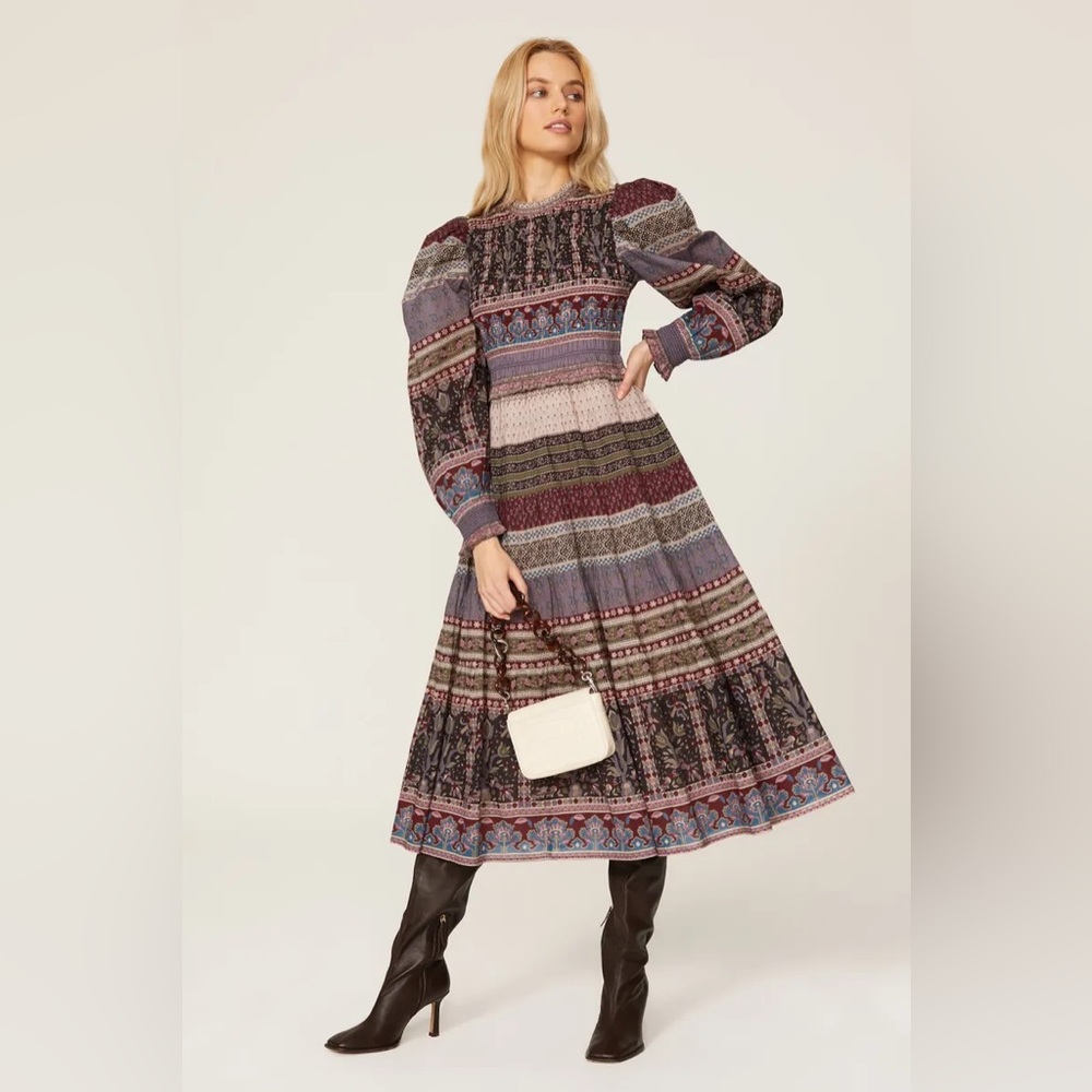 Sea New York Brooke Border Smocked Mixed Print Midi Dress